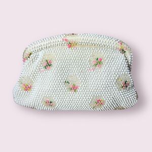 Vintage 1950’s Corde Bead Lumured Ivory Floral Clutch Handbag Purse Retro 50s